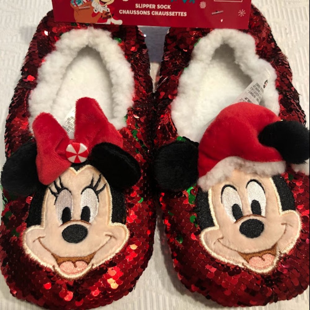 Disney Mickey & Minnie Slipper Socks Christmas Holiday Reversible Sequin 5/6